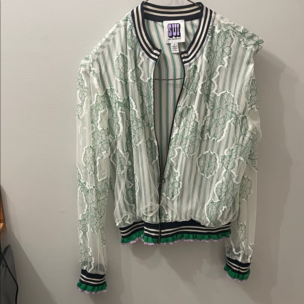 Anna Sui Sheer White Bomber Jacket with Green Lace and Black-Trim Ribbing